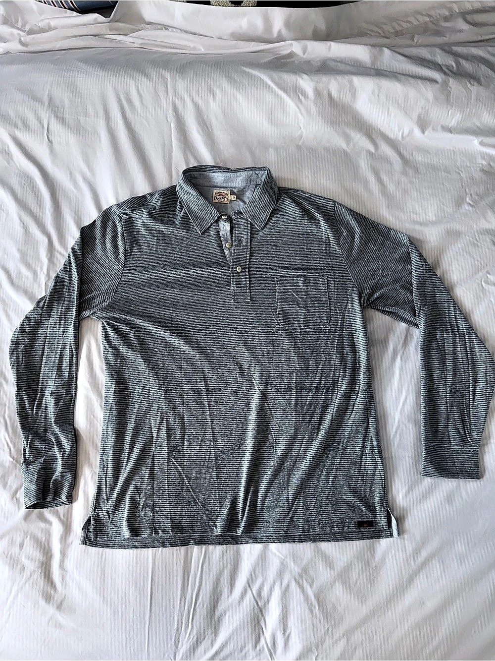 Faherty Men's Heater Blue Grey Striped Long Sleeve Polo Size Large